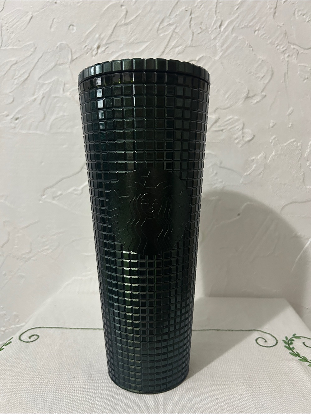 Starbucks 2021 Holiday Dark Green Grid Tumbler with a textured, metallic finish